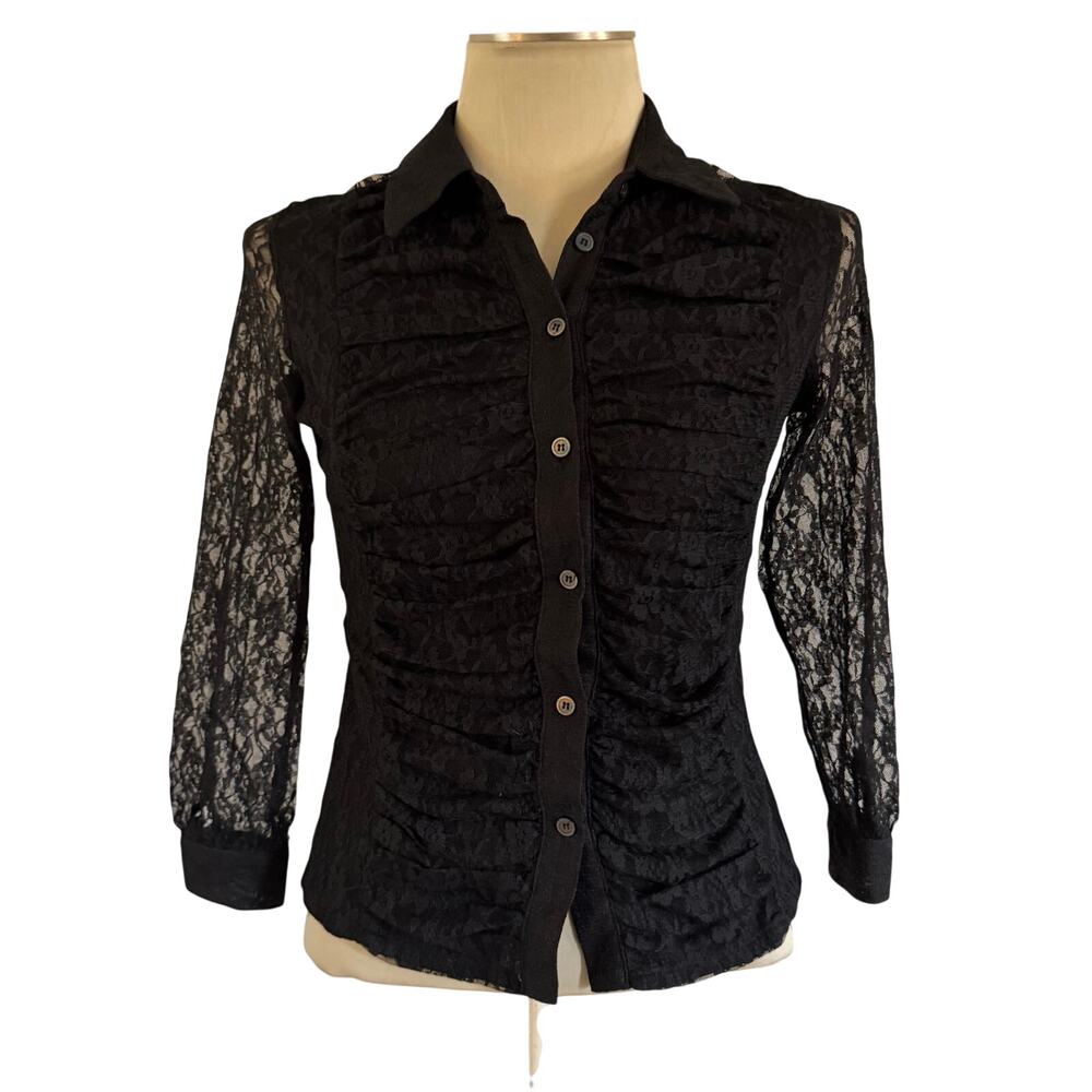Y2K 2000s Black Sheer Lace Button Up Shirt S Fairy Grunge Whimsygoth